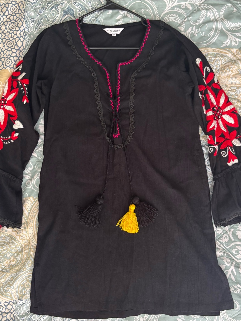 Black Embroidered Peasant Cover up with Red Floral Sleeves